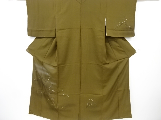 JAPANESE KIMONO / VINTAGE UNUSED HOMONGI / SILK / HAND DRAWN / UME & CARRIAGE PLANTS PATTERN